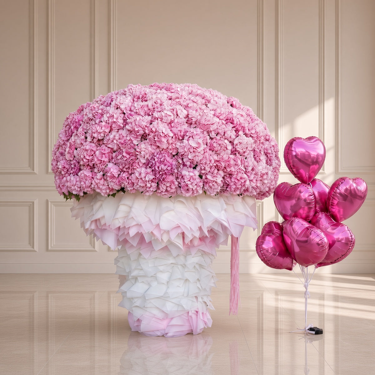 100 Premium Pink Hydrangeas Dome with Heart Balloons