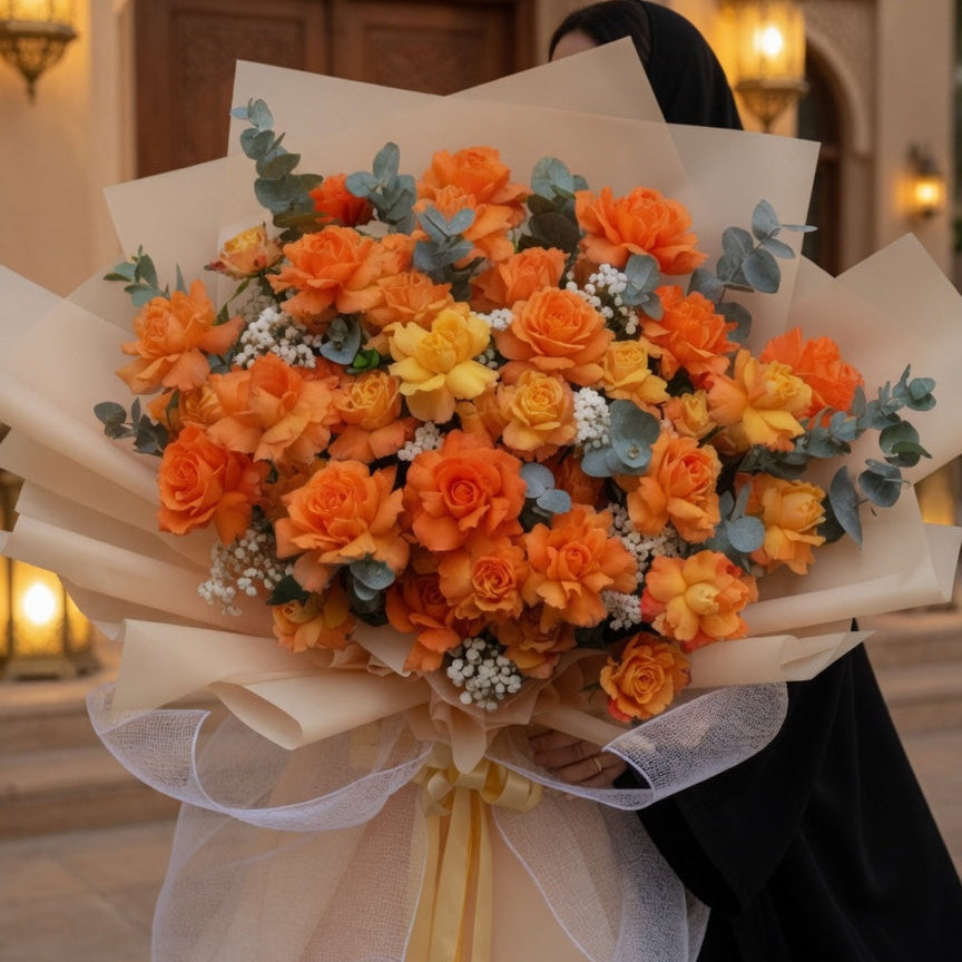 Bouquet of orange and yellow flowers held by a person in front of a building entrance.